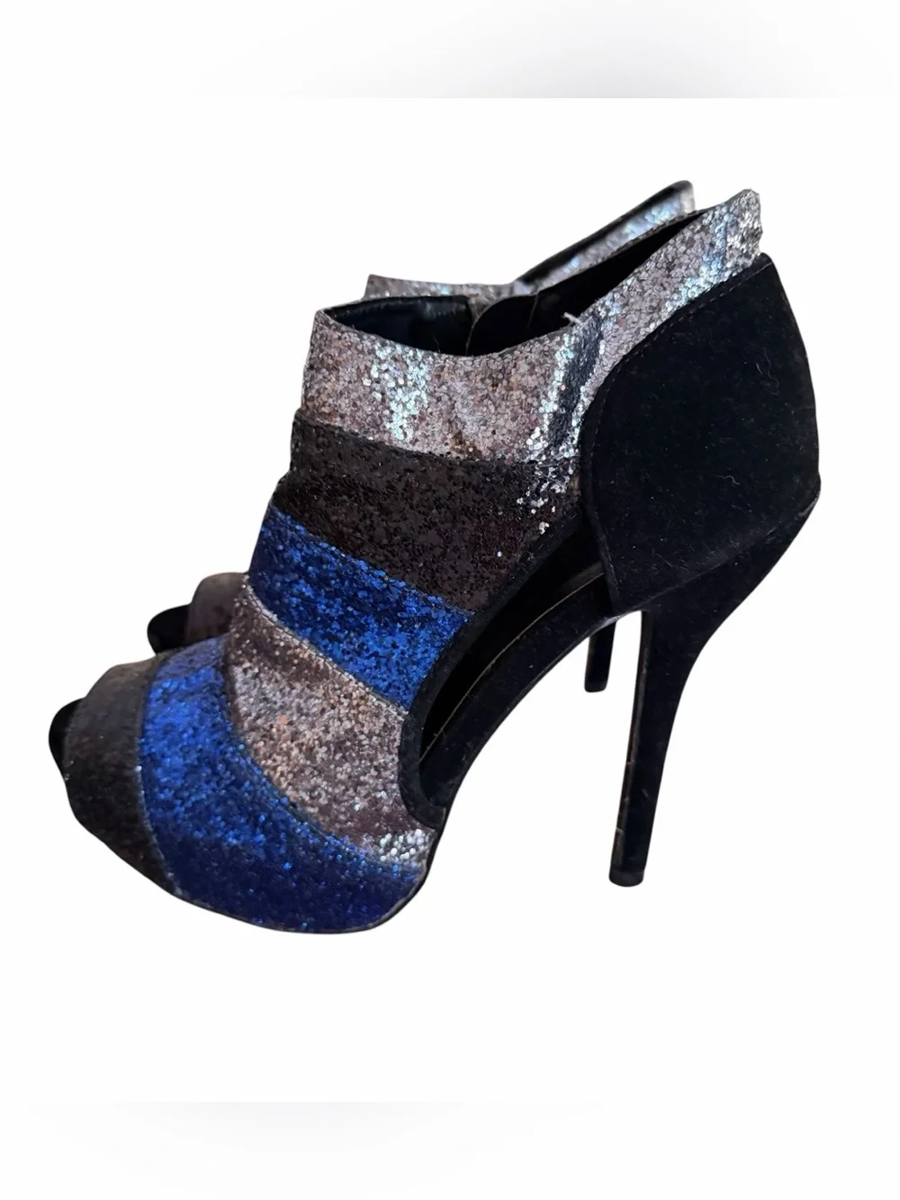 Vintage Y2K Deb Glitter Peep Toe Ankle Booties 5.5” Heel Blue Silver Sz 8.5